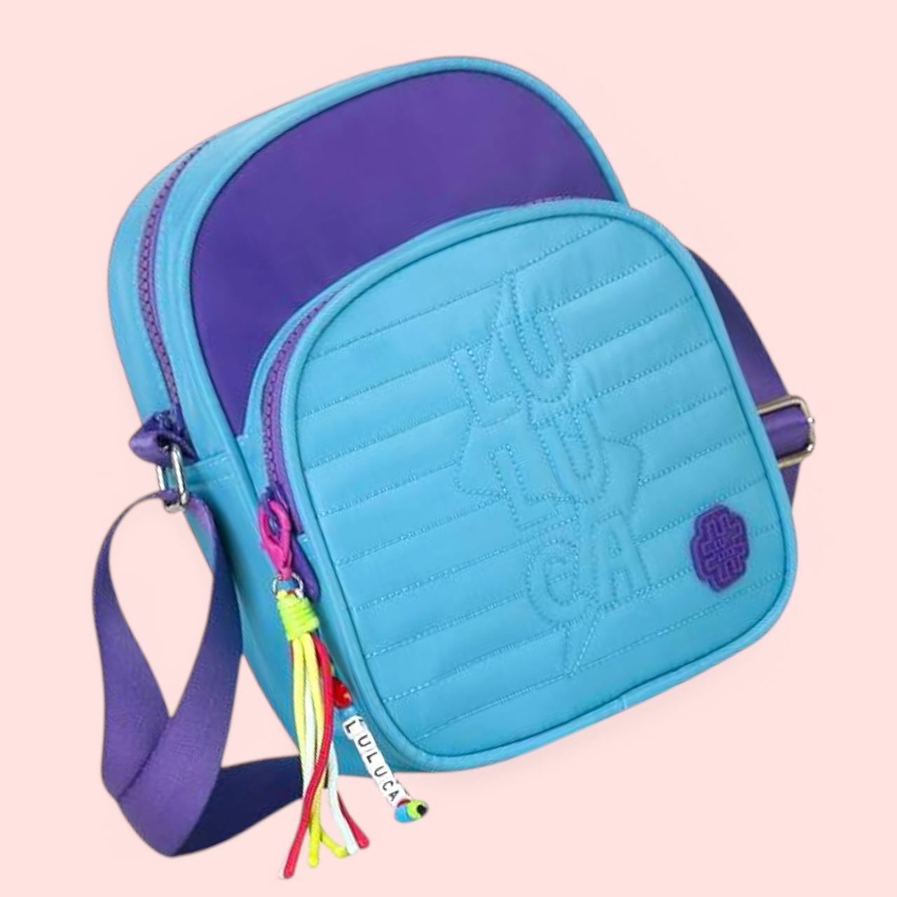 Bolsa Feminina Transversal Luluca Azul Turquesa detalhe em Roxo