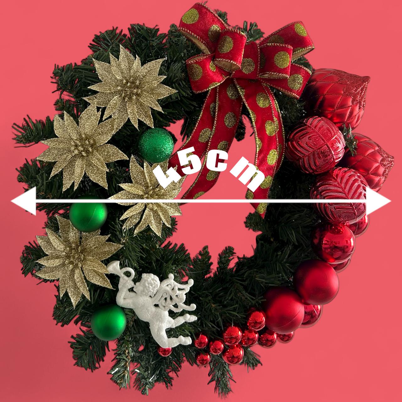 Guirlanda Natalina Decorativa, 45 cm, Verde com Enfeites Vermelhos e Dourados, Cordão de Luz Fio de Fada Led Bolas, Laço