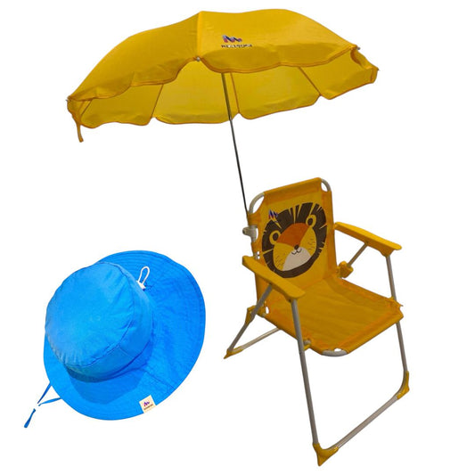 Cadeira de Praia Infantil com Guarda-Sol, Dobrável, Design de Leão, Amarelo Chapéu  Azul, para Crianças, com Proteção So