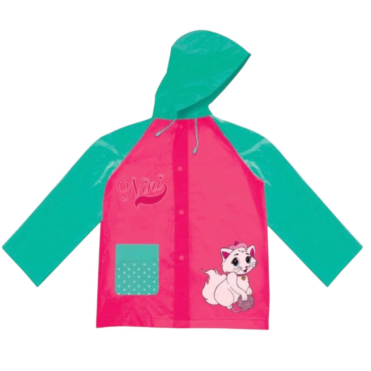 Capa de Chuva Infantil Gatinha Nini, Rosa e Verde, Menina, Impermeável com Capuz