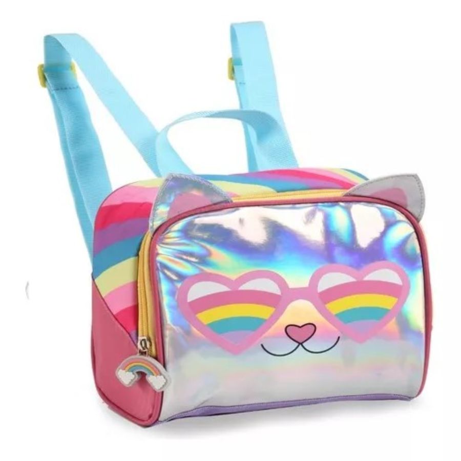Kit Mochila Infantil de Rodinhas Gatinha Holográfica Estojo e Lancheira