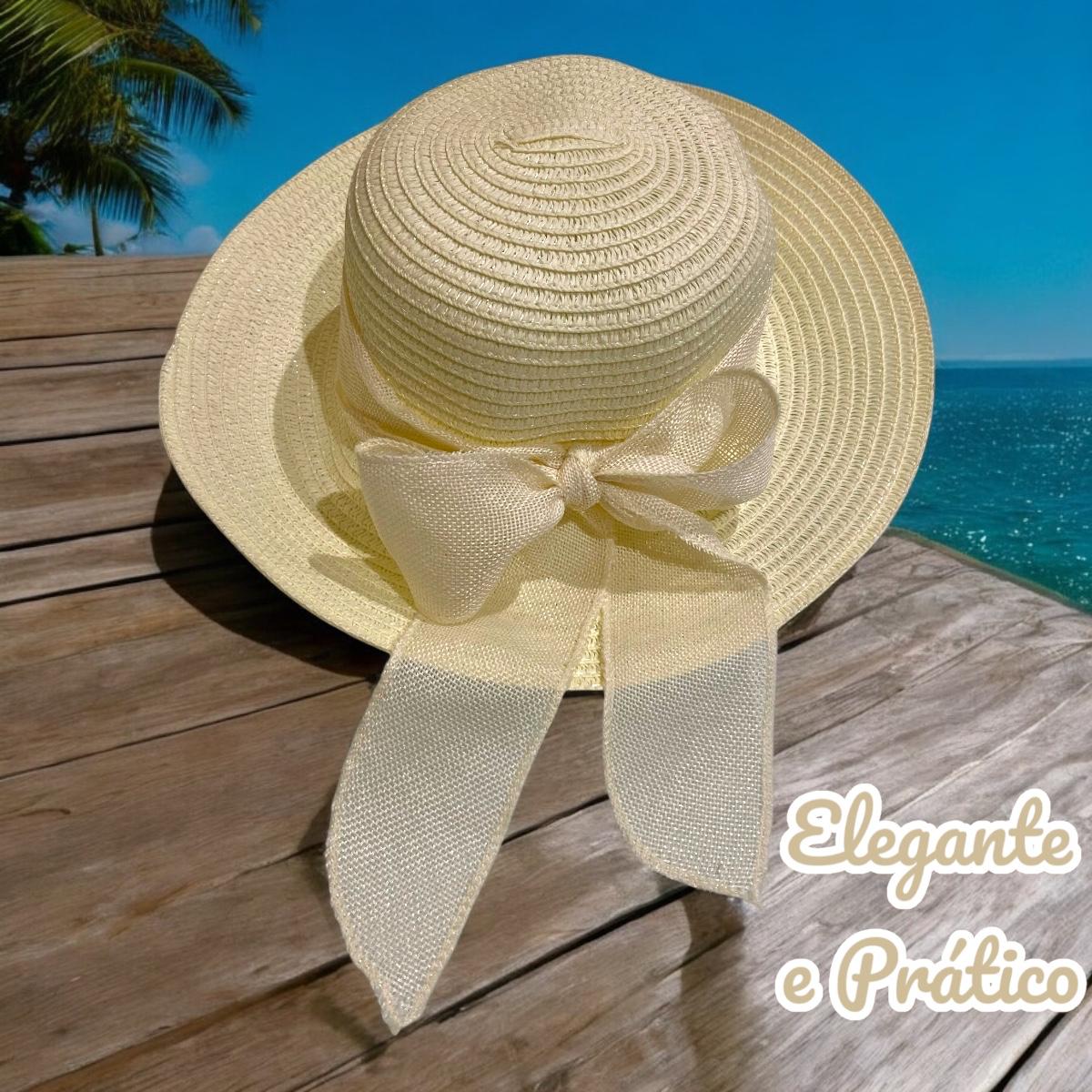 Chapéu de Palha Sintética Feminino Dobrável com Laço Decorativo, Estilo Clássico