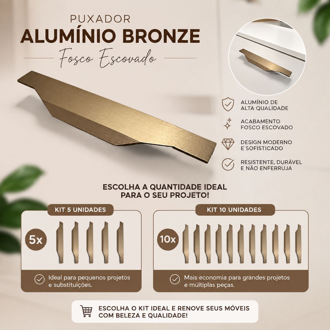 Puxador De Móveis Perfil Slim Bronze Fosco 160mm Kit 5 ou 10