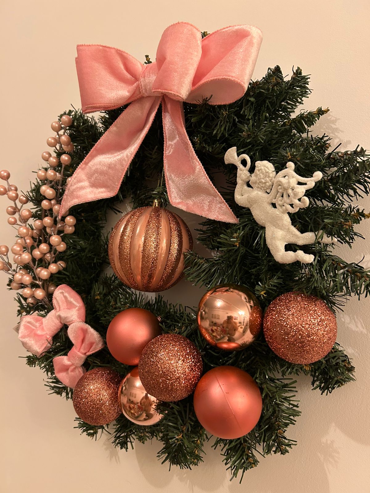 Guirlanda de Natal Luxo com Bolas e Laços Rose Gold - 45 cm