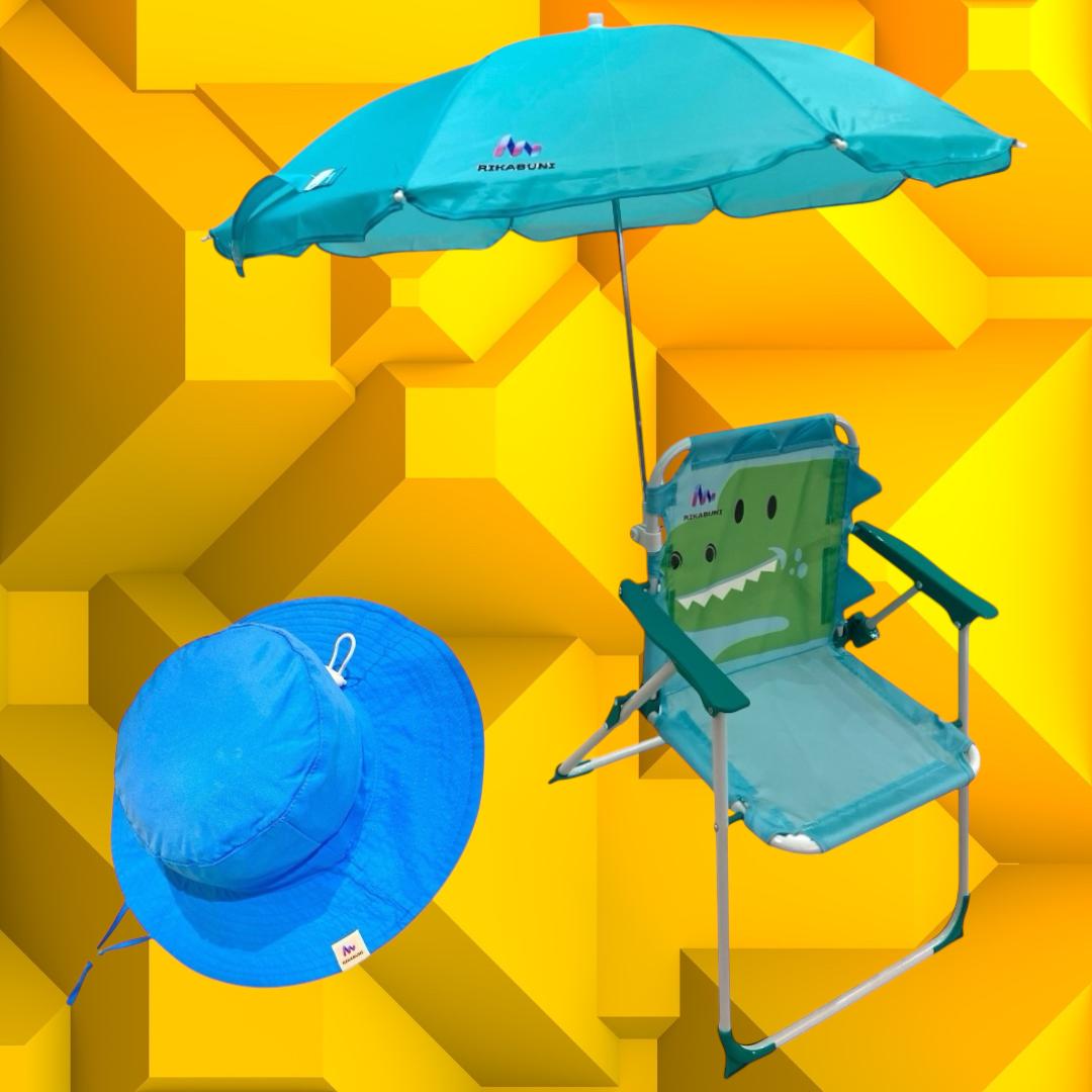 Cadeira de Praia Infantil Dinossauro com Guarda-Sol e Chapéu Azul com fator de proteção UV - RIKABUNI