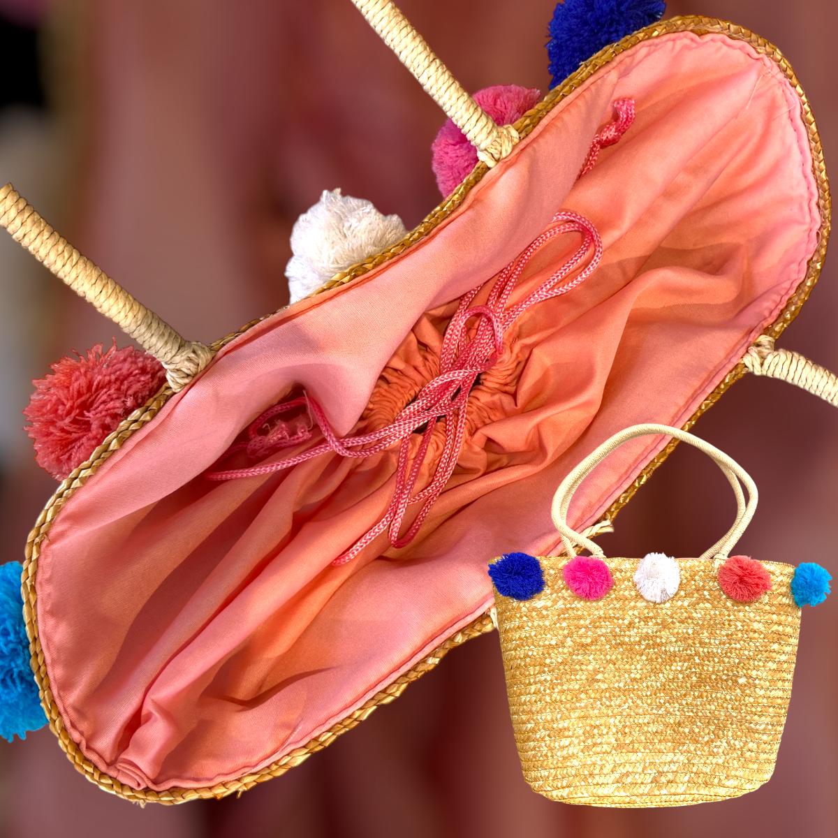 Bolsa de Praia Grande de Palha com Alça de Ombro  Colorida