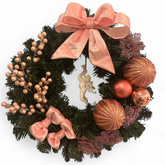 Guirlanda Natalina Decorativa, Verde com Detalhes em Rosa e Dourado, Laços e Enfeites Festivos - 45cm
