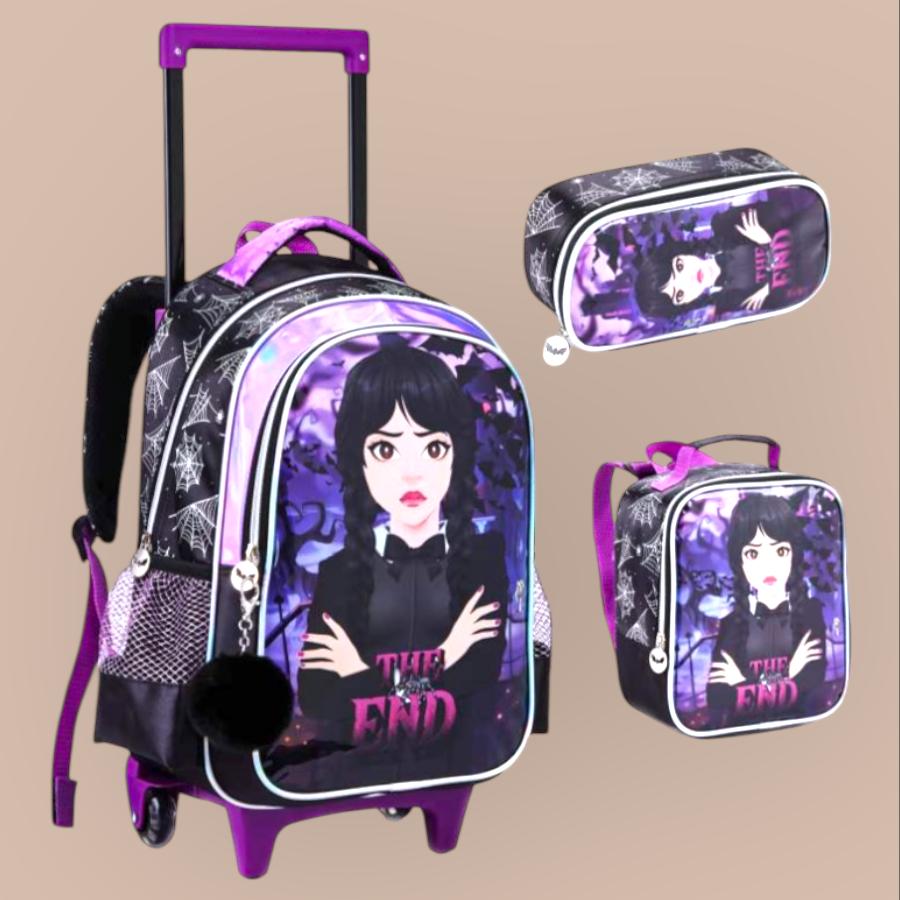 Kit Mochila Estojo Lancheira Wandinha Menina Filme Wednesday