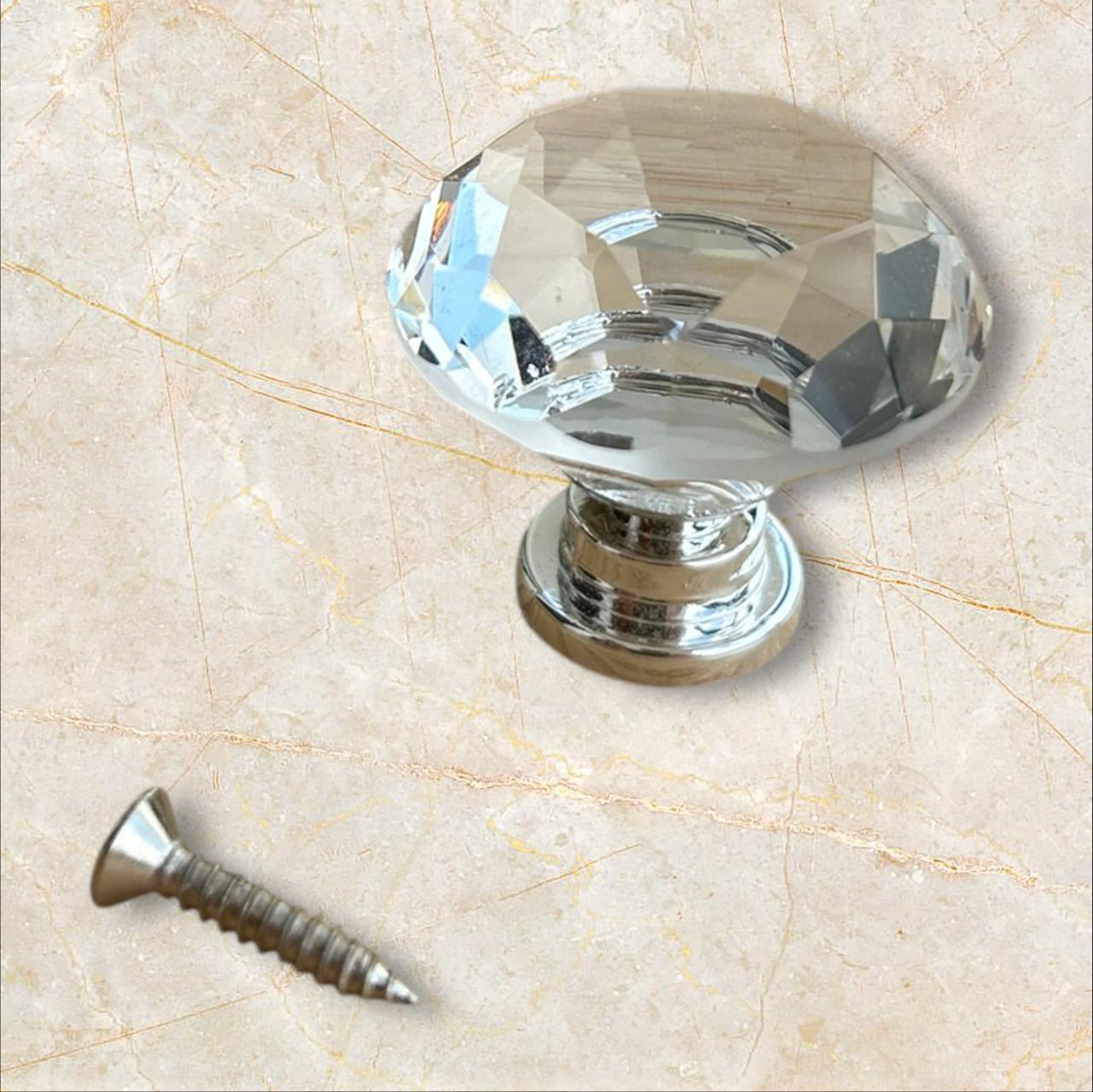 Puxador de Cristal Decorativo com Base Prateada, 30mm, para Armários e Gavetas, Conjunto com 8 Peças