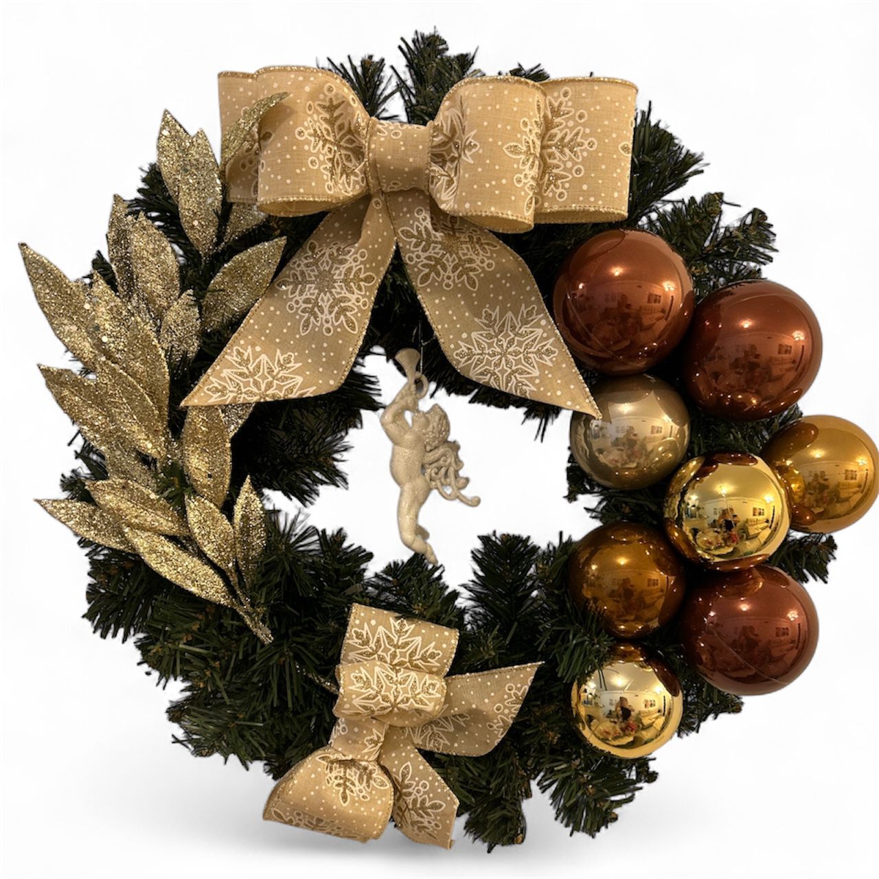 Guirlanda Natalina Decorativa, 45 cm, Verde com Bolas Douradas e Marrons, Laço Bege e Dourado - 45 cm