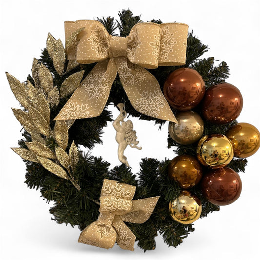 Guirlanda Natalina Decorativa, 45 cm, Verde com Bolas Douradas e Marrons, Laço Bege e Dourado - 45 cm