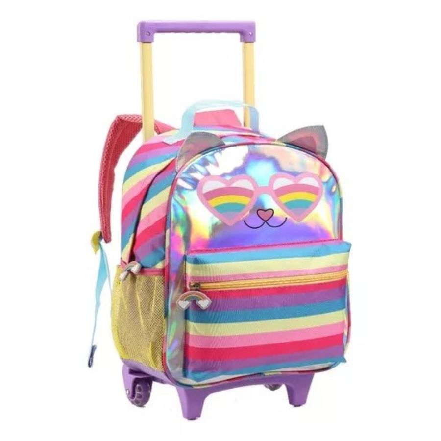 Kit Mochila Infantil de Rodinhas Gatinha Holográfica Estojo e Lancheira