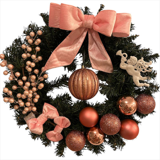 Guirlanda de Natal Luxo com Bolas e Laços Rose Gold - 45 cm