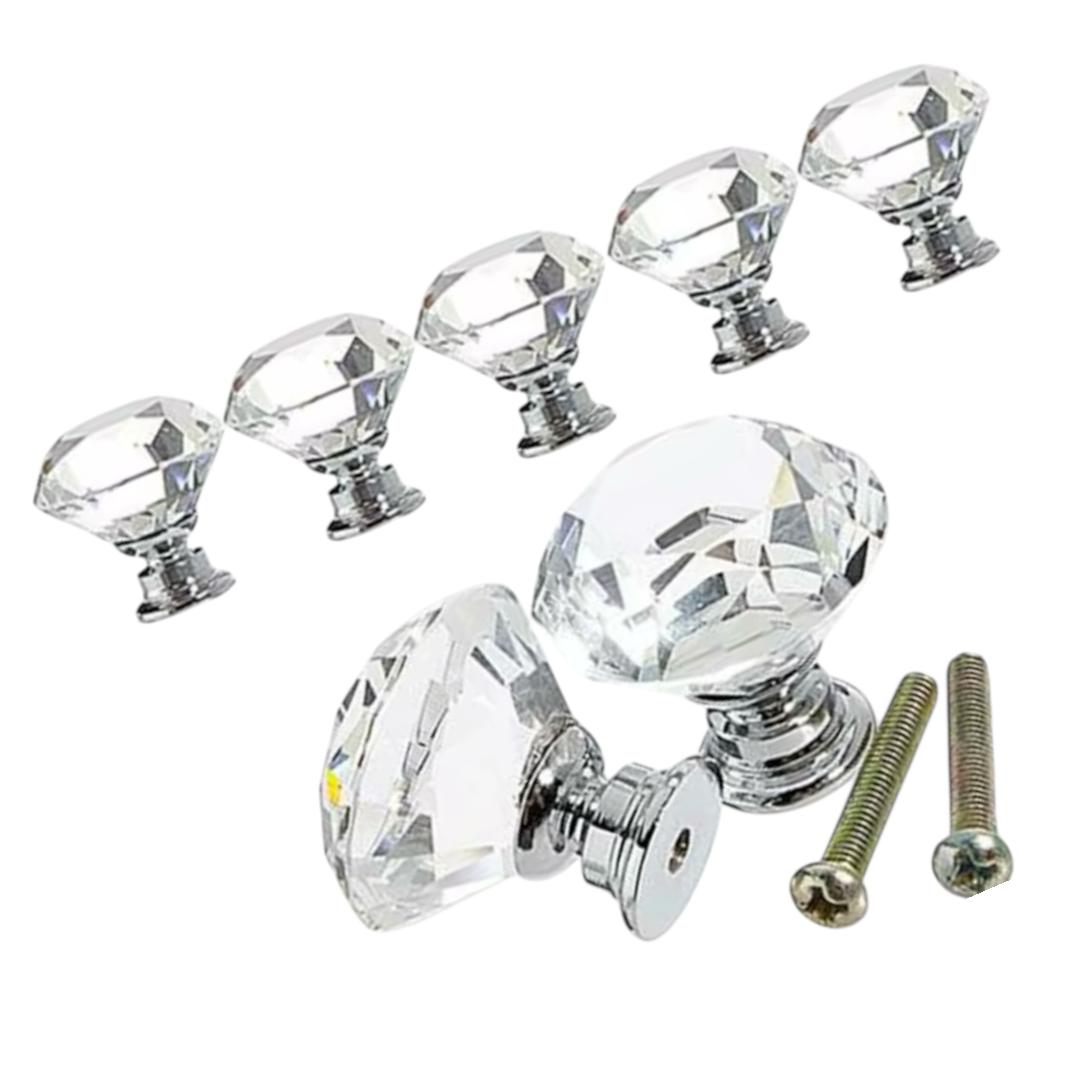 Puxador de Cristal Decorativo com Base Prateada, 30mm, para Armários e Gavetas, Conjunto com 8 Peças