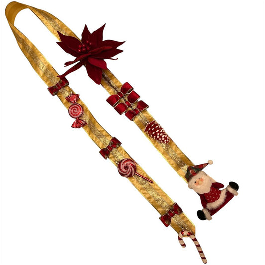 Escapulário de Porta  Fita Decorativa de Natal, Dourado e Vermelho,  com Flor de Natal e Papai Noel