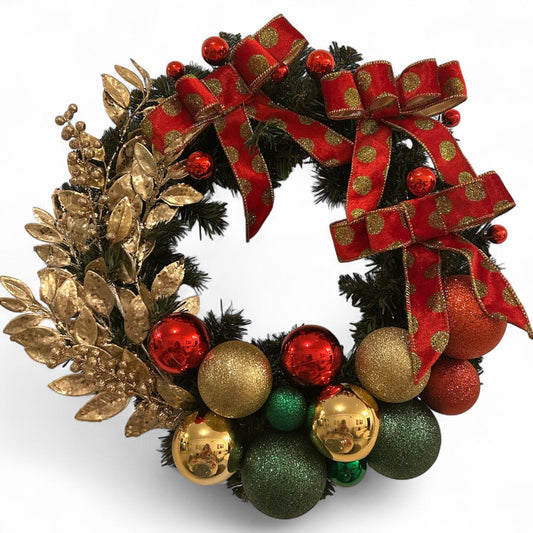 Guirlanda Natalina Decorativa, 45 cm, Verde com Enfeites Dourados e Vermelhos, Laço Vermelho com Bolinhas Douradas