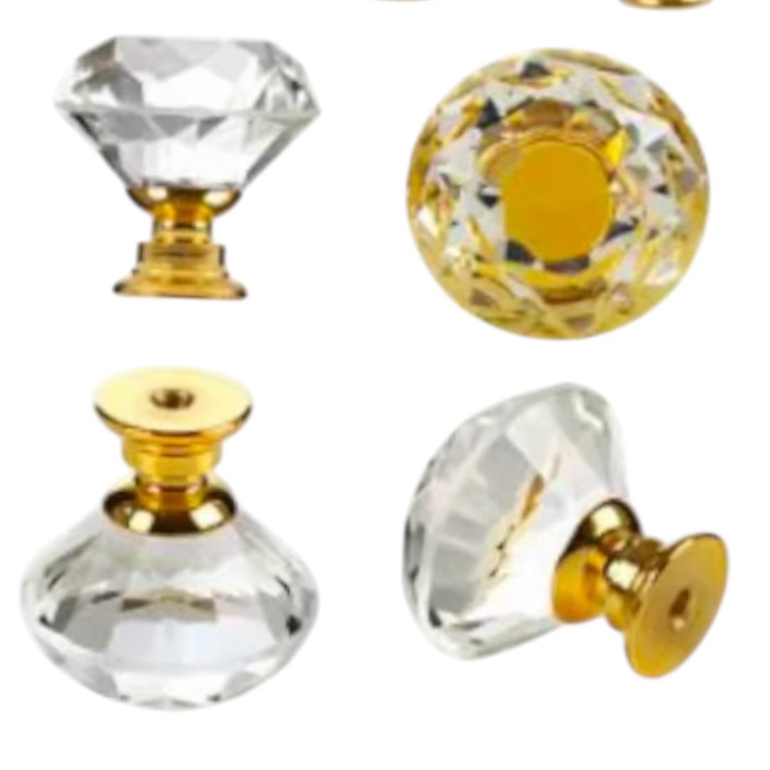 Puxador de Cristal com Base Dourada, Decorativo, para Armários e Gavetas, 4 Peças 25mm