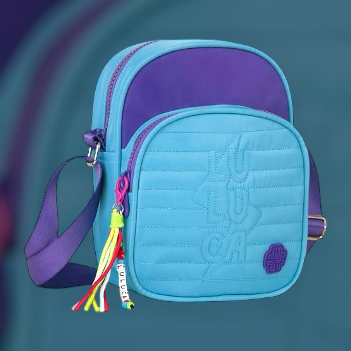 Bolsa Feminina Transversal Luluca Azul Turquesa detalhe em Roxo