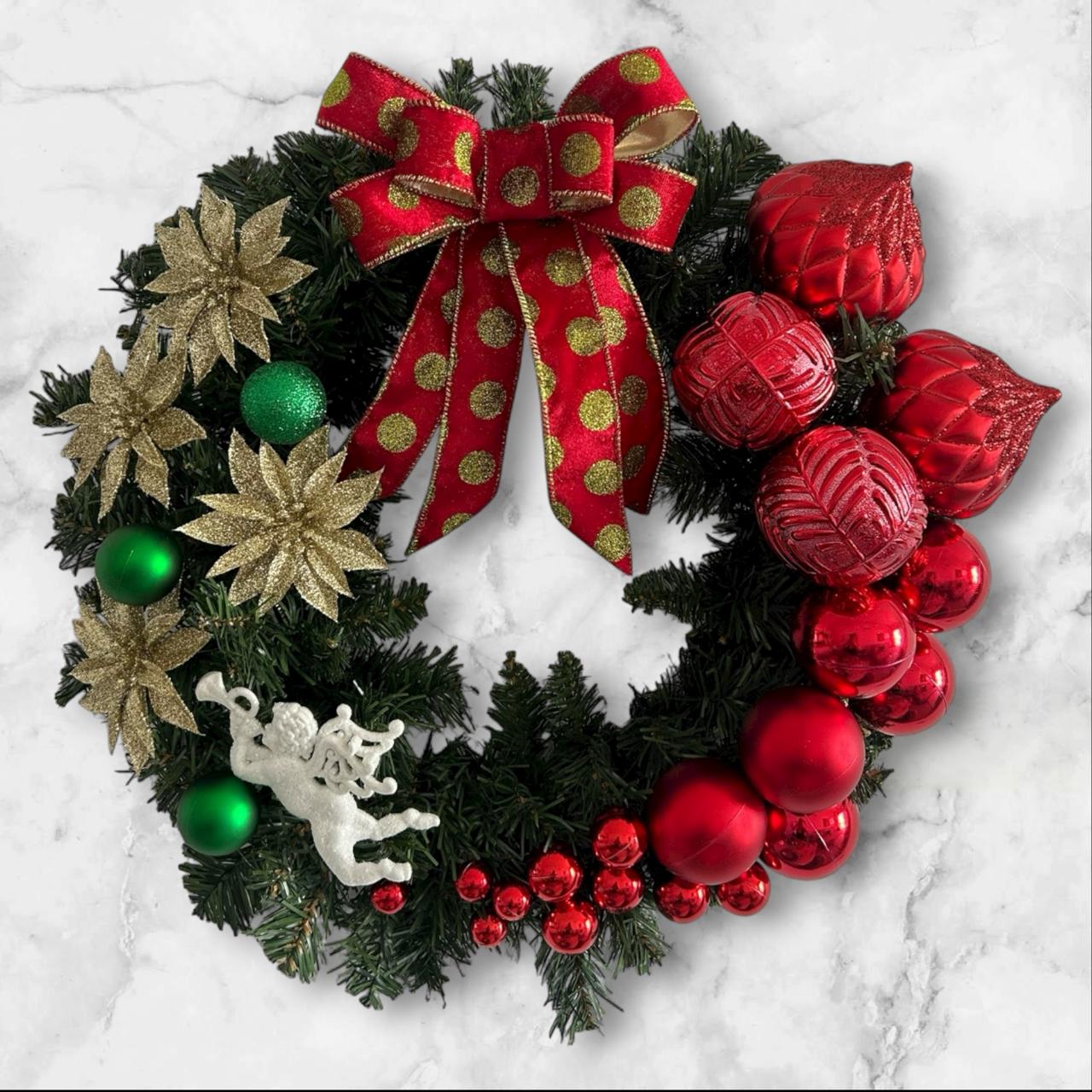 Guirlanda Natalina Decorativa, 45 cm, Verde com Enfeites Vermelhos e Dourados, Cordão de Luz Fio de Fada Led Bolas, Laço
