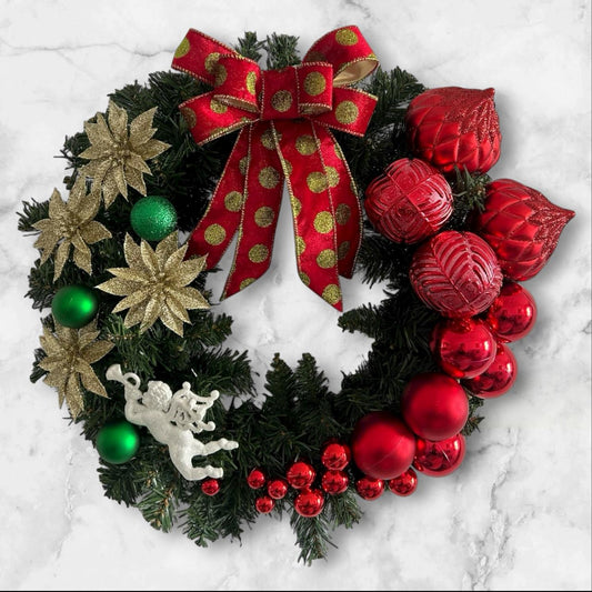 Guirlanda Natalina Decorativa, 45 cm, Verde com Enfeites Vermelhos e Dourados, Cordão de Luz Fio de Fada Led Bolas, Laço
