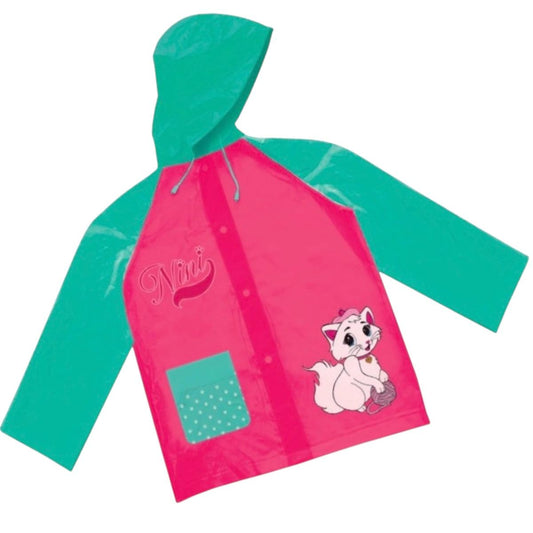 Capa de Chuva Infantil Gatinha Nini, Rosa e Verde, Menina, Impermeável com Capuz