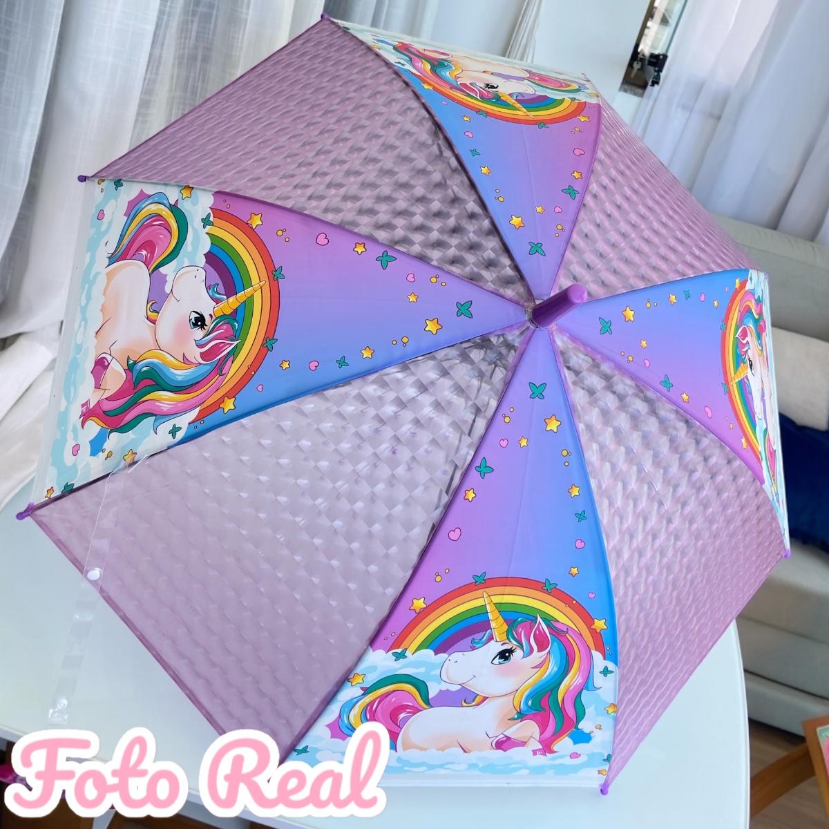 Guarda-Chuva Infantil Unicórnio, Roxo com Arco-Íris, Design Mágico com Estrelas, para Meninas