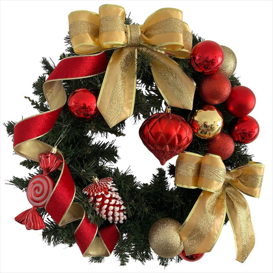 Guirlanda de Natal Luxo Verde com Laços e Bolas Vermelhos e Dourados – 45cm