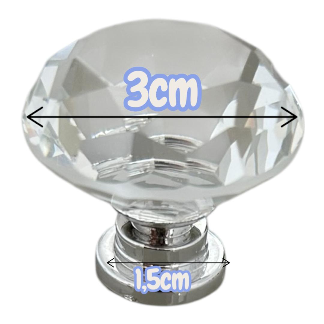 Puxador de Cristal Decorativo com Base Prateada, 30mm, para Armários e Gavetas, Conjunto com 8 Peças