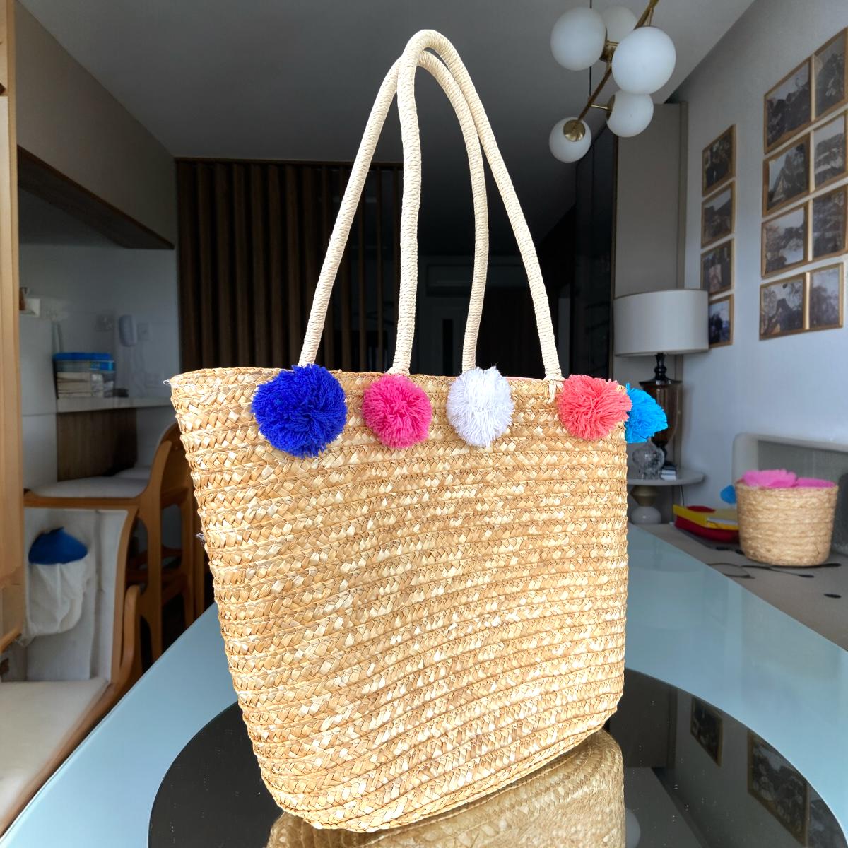 Bolsa de Praia Grande de Palha com Alça de Ombro  Colorida