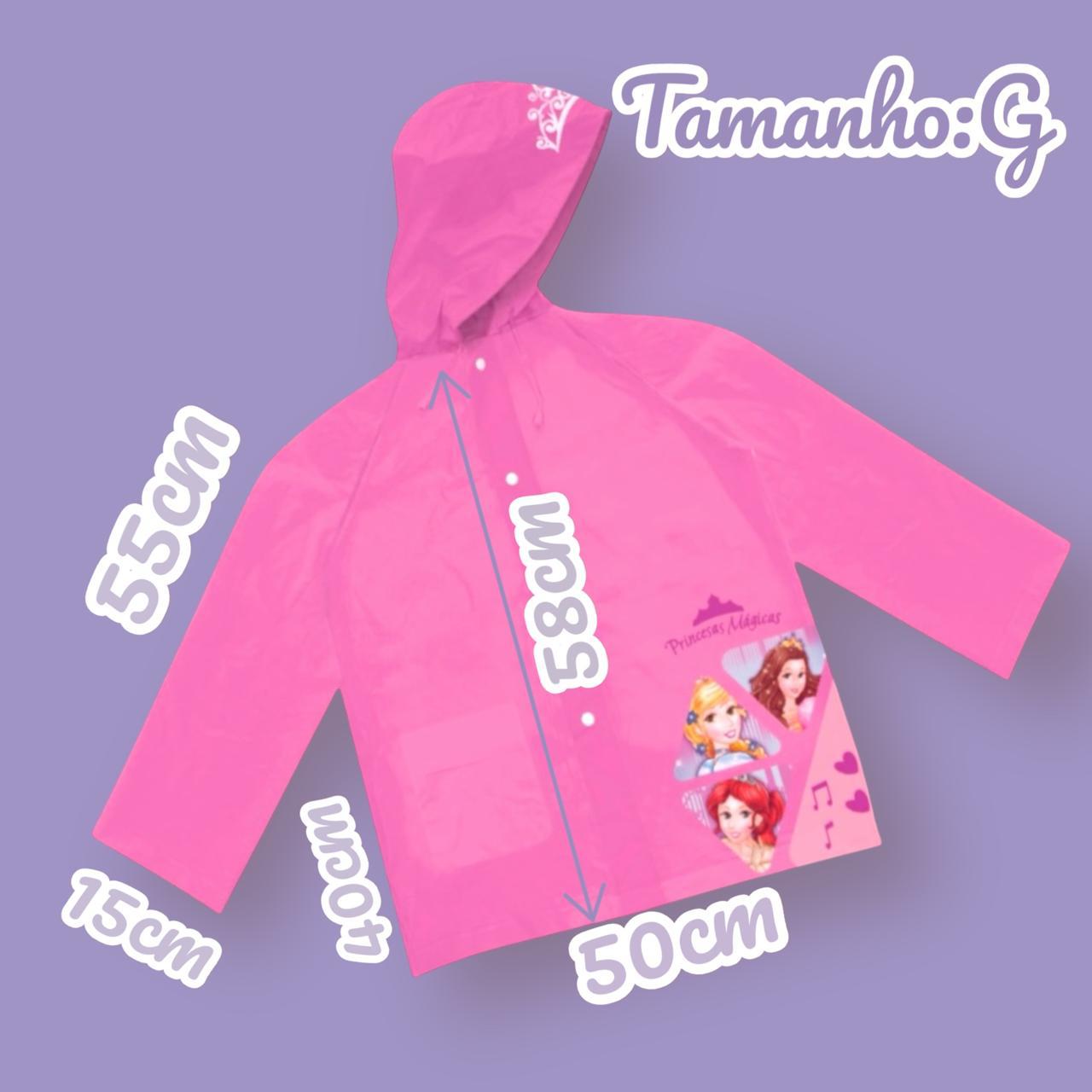 Capa de Chuva Infantil com Capuz, Rosa, Estampa de Princesas, Botões de Pressão