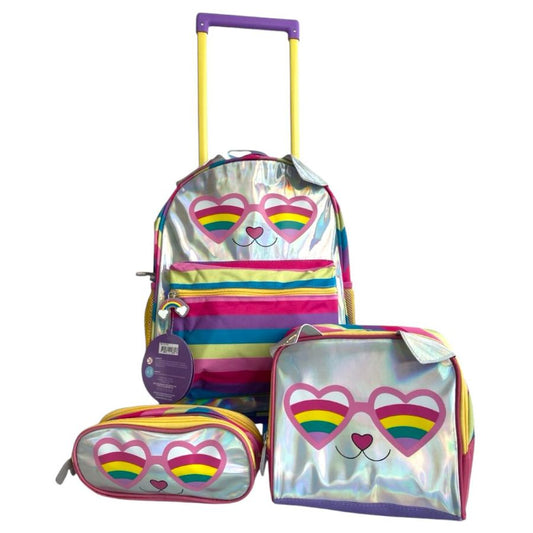 Kit Mochila Infantil de Rodinhas Gatinha Holográfica Estojo e Lancheira