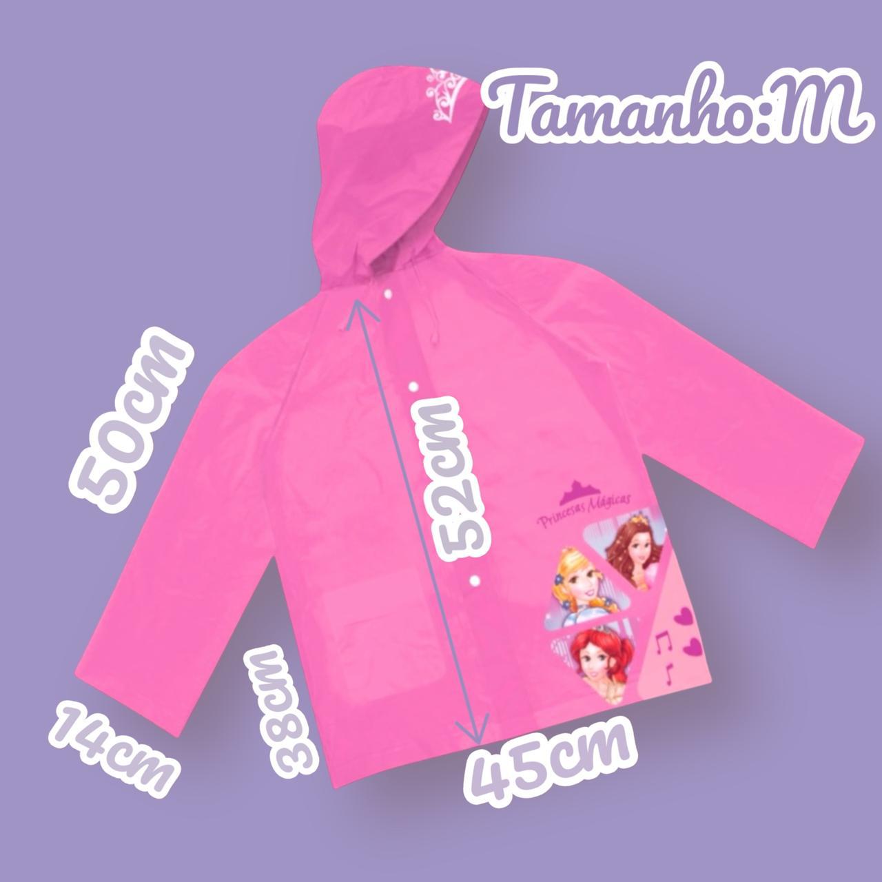 Capa de Chuva Infantil com Capuz, Rosa, Estampa de Princesas, Botões de Pressão