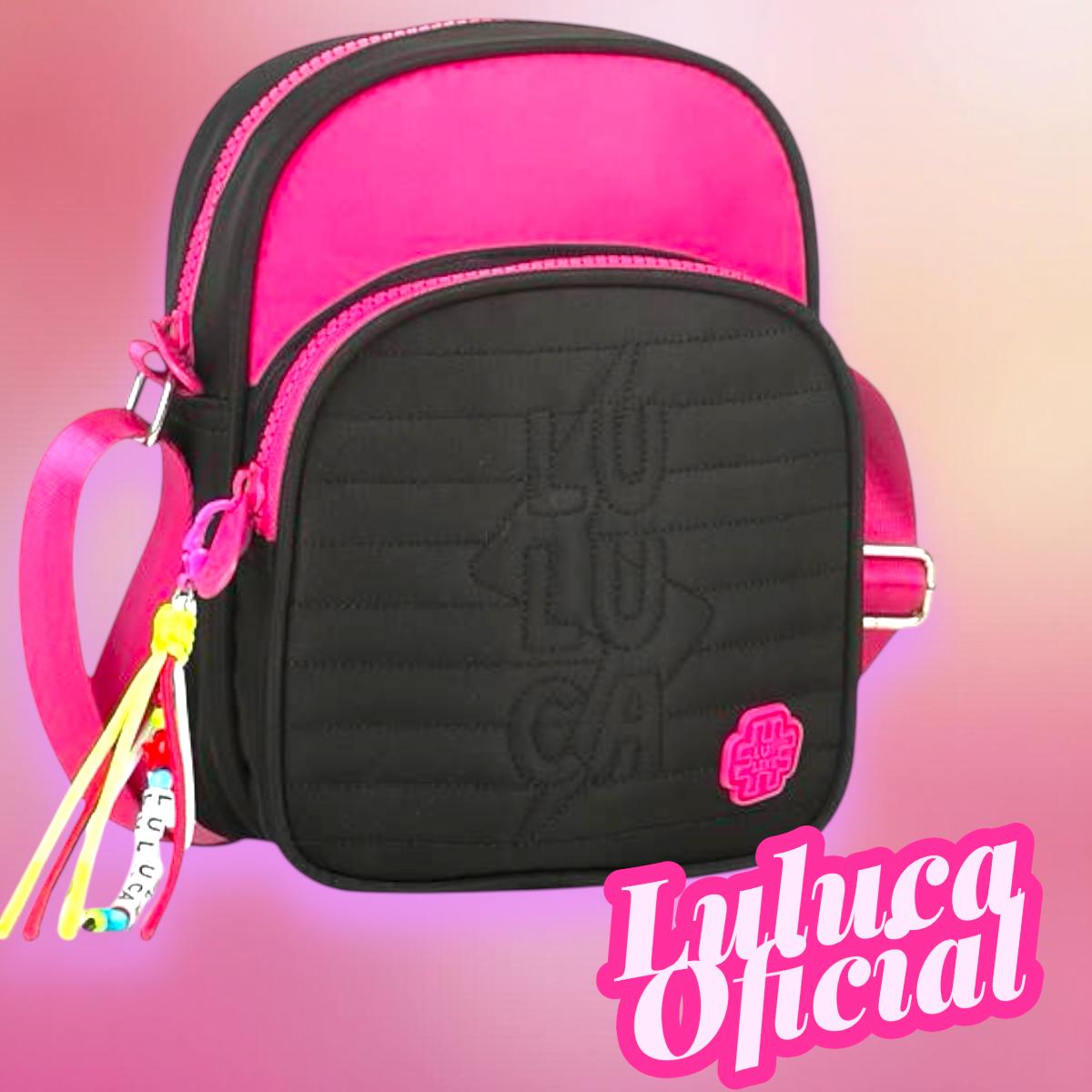 Bolsa Feminina Transversal Luluca Preta com Detalhe Rosa