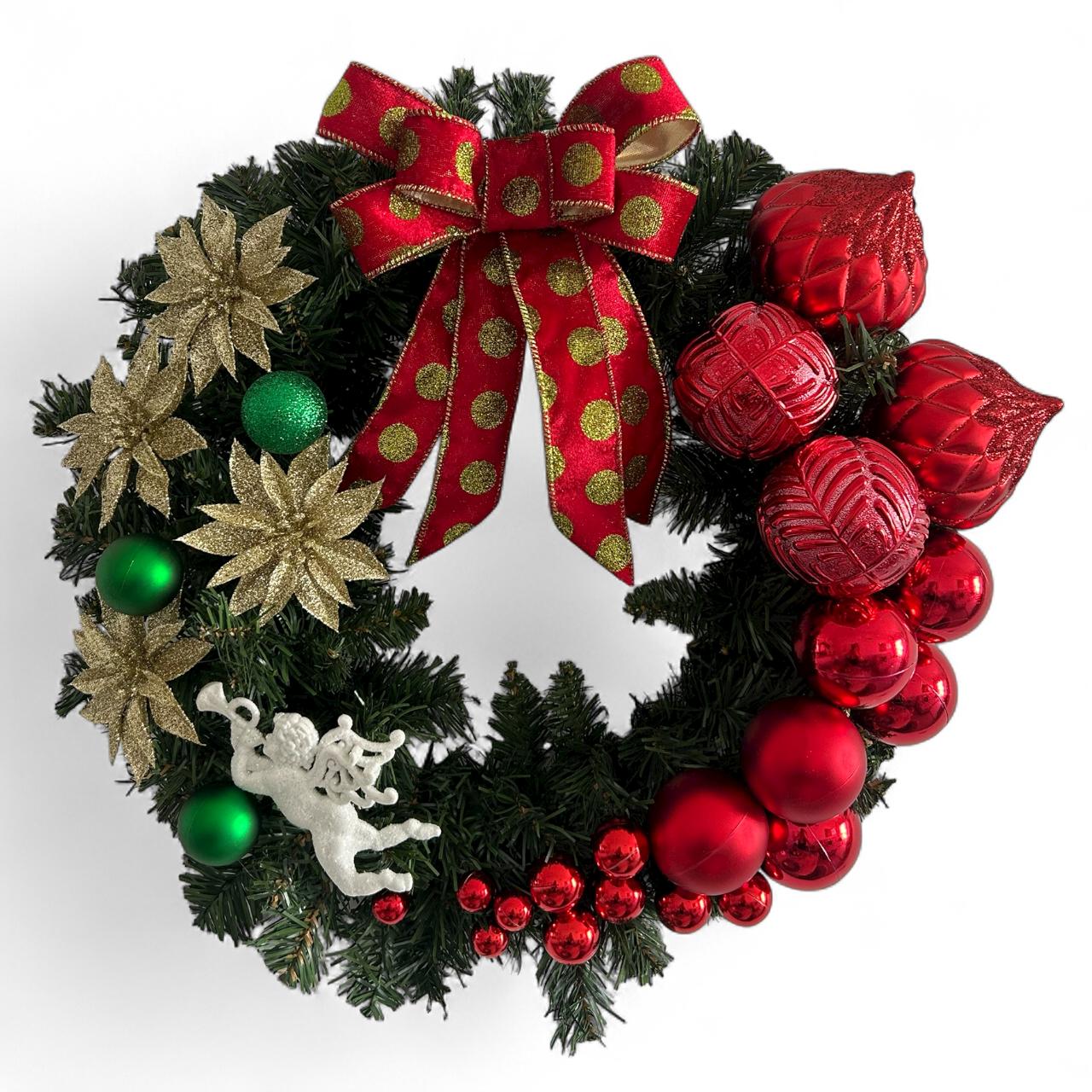 Guirlanda Natalina Decorativa, 45 cm, Verde com Enfeites Vermelhos e Dourados, Cordão de Luz Fio de Fada Led Bolas, Laço
