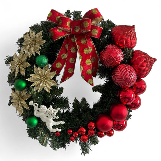 Guirlanda Natalina Decorativa, 45 cm, Verde com Enfeites Vermelhos e Dourados, Cordão de Luz Fio de Fada Led Bolas, Laço