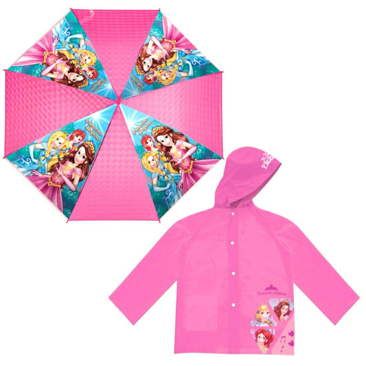 Conjunto Infantil de Guarda-Chuva e Capa de Chuva Princesas, Rosa, 2 Peças