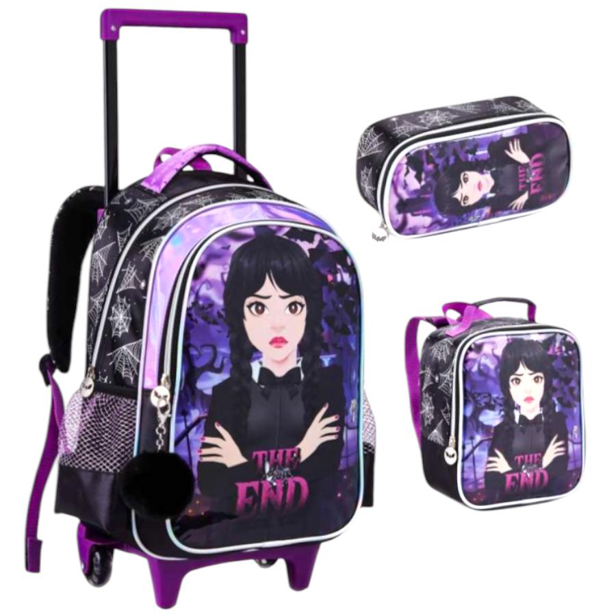 Kit Mochila Estojo Lancheira Wandinha Menina Filme Wednesday