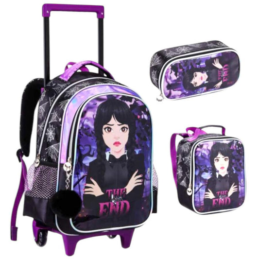 Kit Mochila Estojo Lancheira Wandinha Menina Filme Wednesday