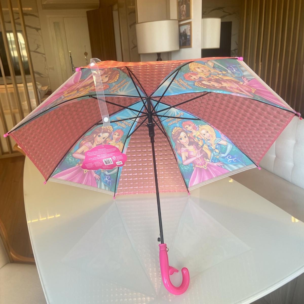 Guarda-Chuva Infantil Princesas, Rosa e Azul, Design Mágico com Cabo Curvo e Apito.