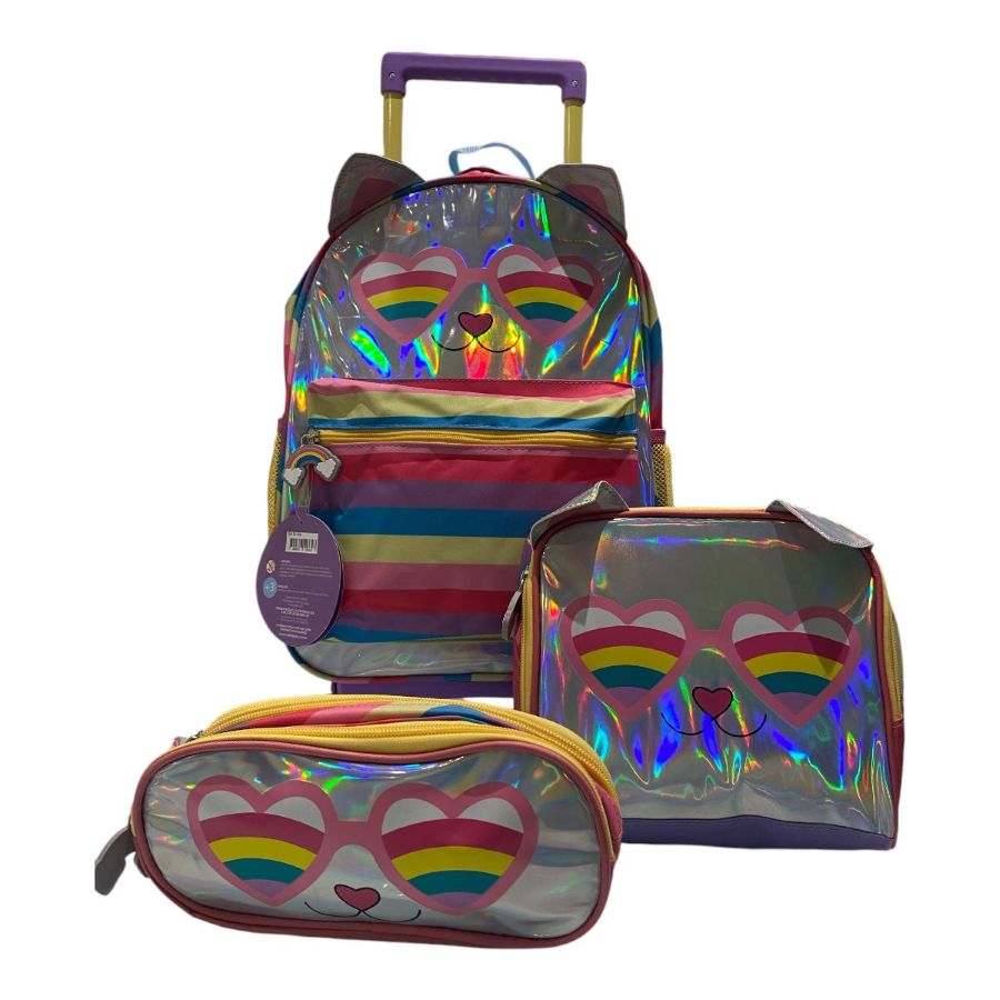 Kit Mochila Infantil de Rodinhas Gatinha Holográfica Estojo e Lancheira