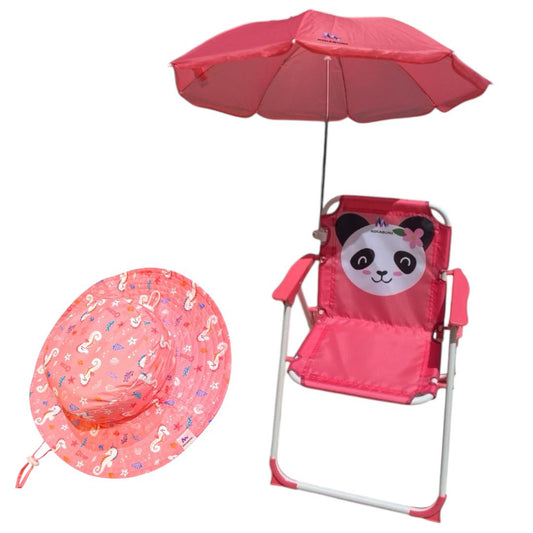 Cadeira de Praia Infantil com Guarda-Sol Design Panda Dobrável e Chapéu Rosa Design Unicórnio, com Proteção UV, RIKABUNI