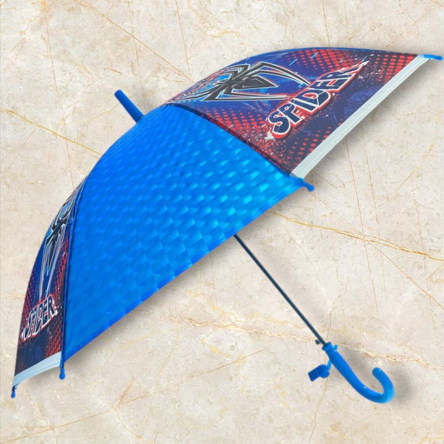 Guarda-Chuva Infantil  Menino, Azul e Vermelho, Estampa de Aranha, Cabo Curvo