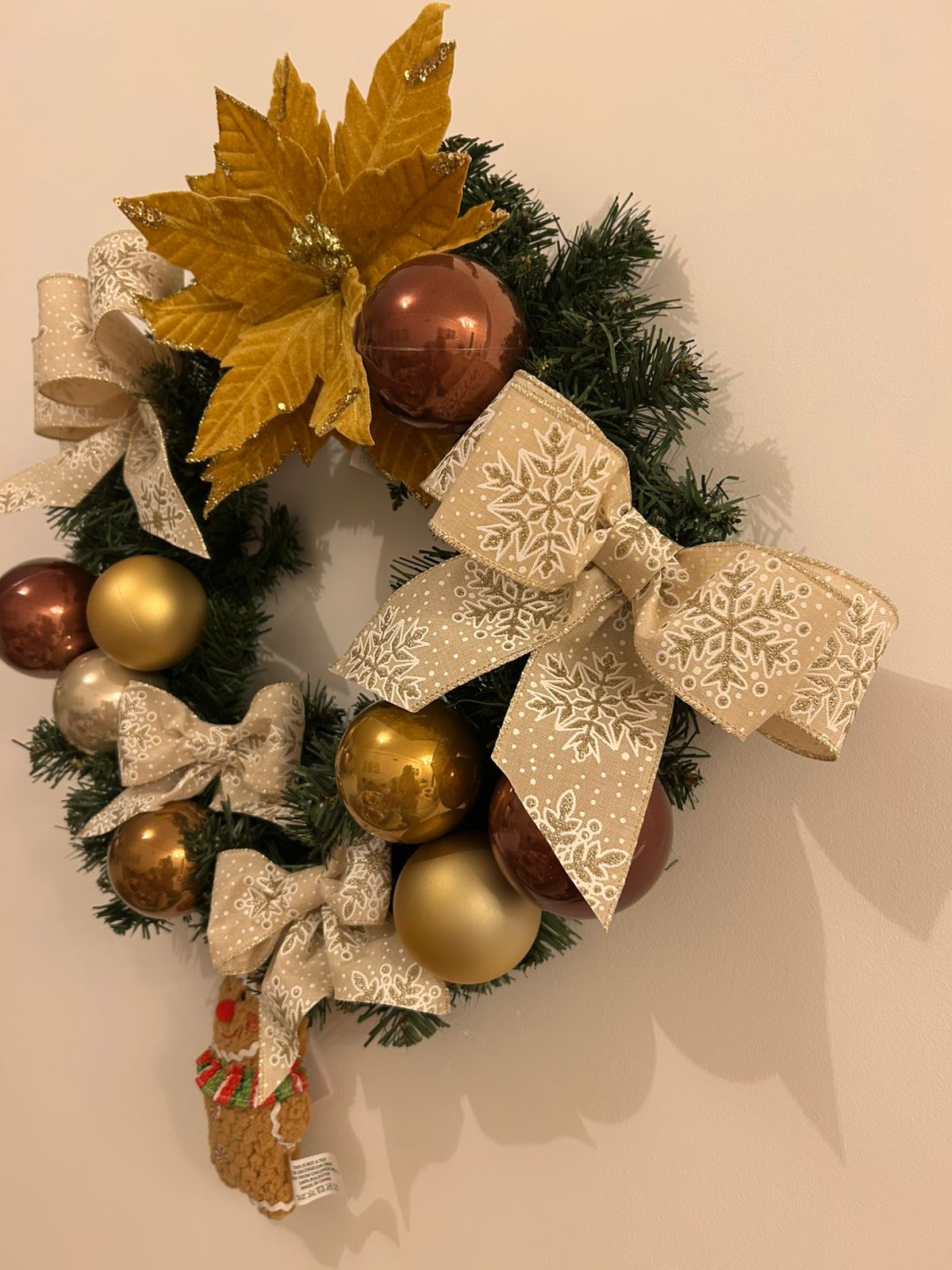 Guirlanda de Natal Luxo Laços Bege  Bolas Douradas e Marrons - 45cm