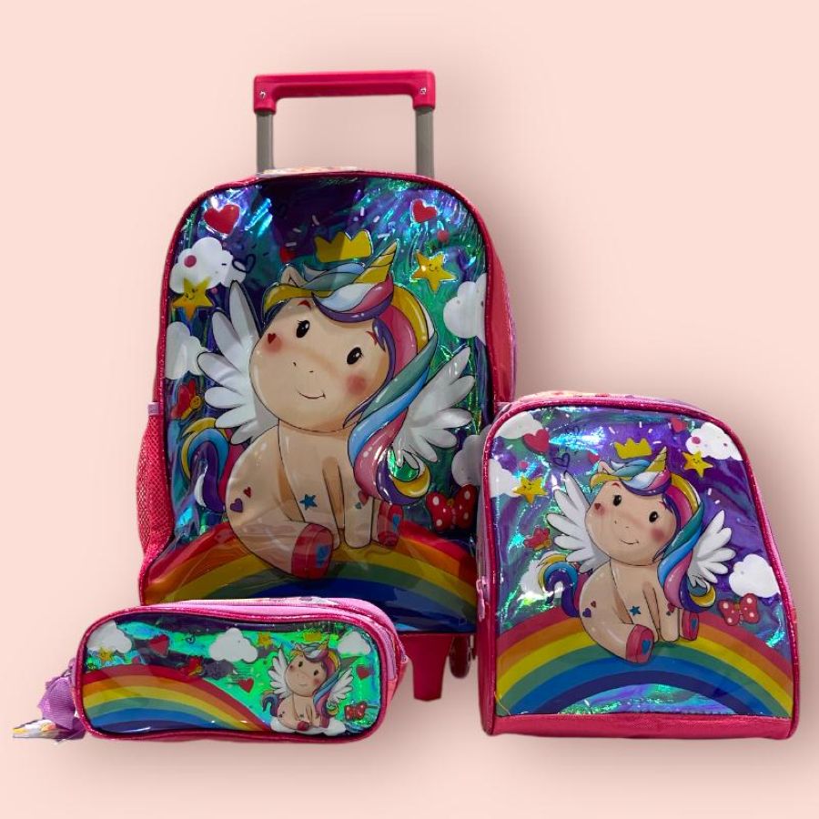 Kit de Mochila Escolar Infantil de Rodinhas Unicórnio Baby