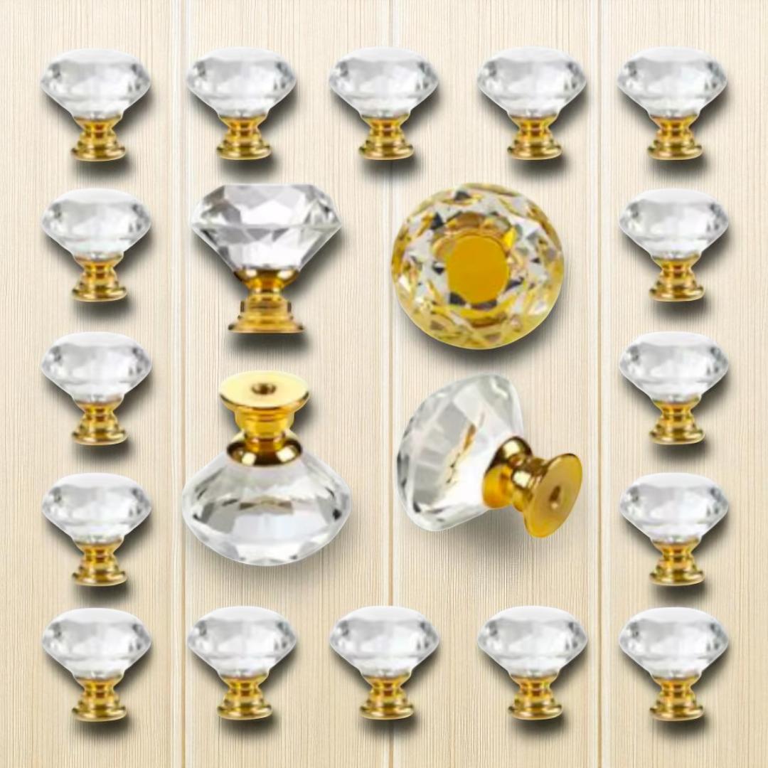 Puxador de Cristal com Base Dourada, Decorativo, para Armários e Gavetas, 10 Peças 25mm