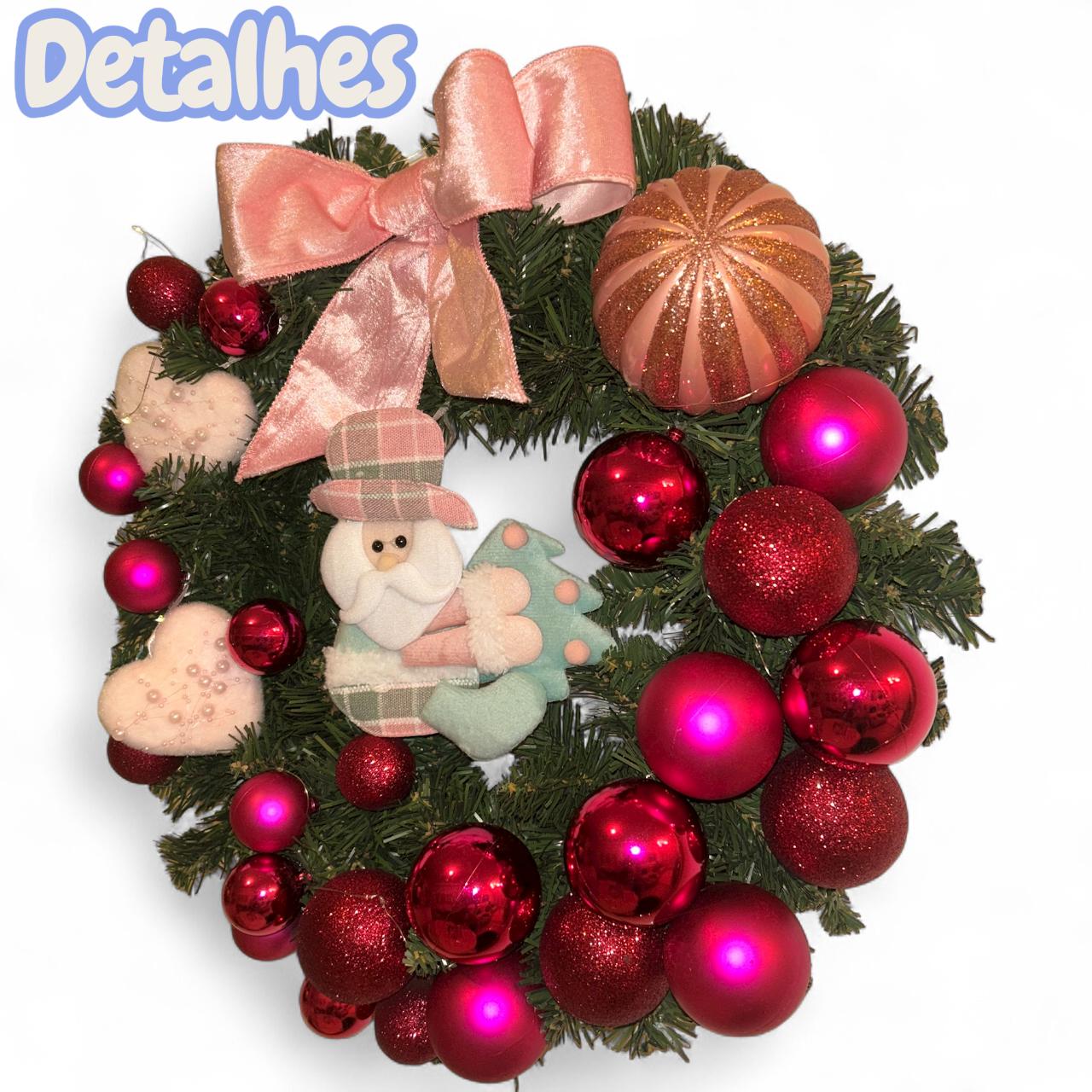 Guirlanda Natalina de Luxo, Verde com Bolas Rosas e Rosé, Laço Rosa, Decoração LED, 45 cm - RIKABUNI