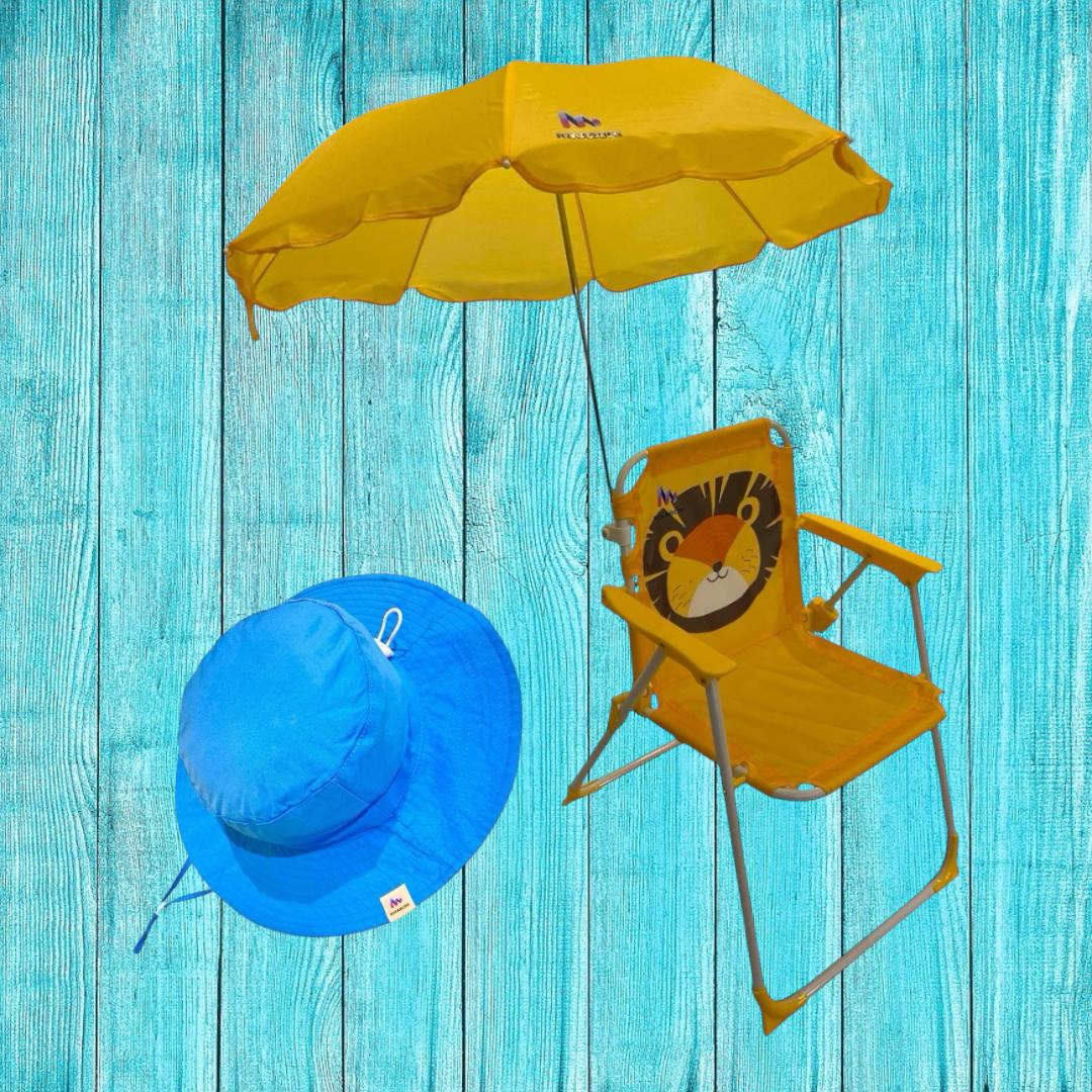 Cadeira de Praia Infantil com Guarda-Sol, Dobrável, Design de Leão, Amarelo Chapéu  Azul, para Crianças, com Proteção So
