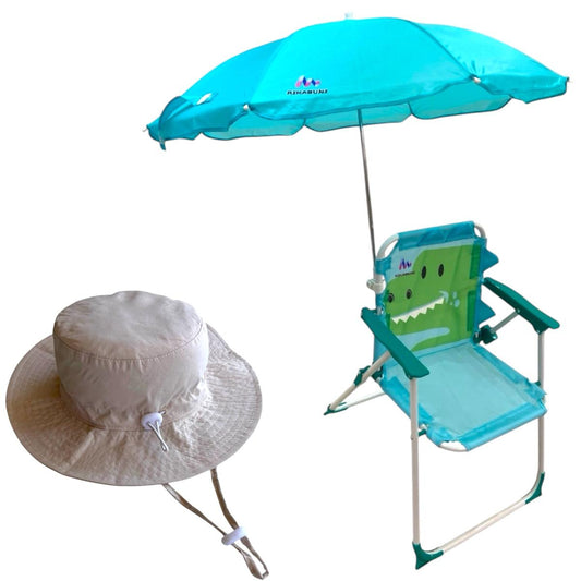 Kit Cadeira de Praia c/ Guarda Sol + Chapéu Infantil com UPF50 Dinossauro