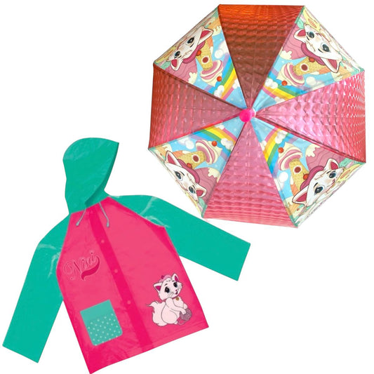 Guarda Chuva Infantil  + Capa de Chuva da Gatinha Nini Rosa e Verde