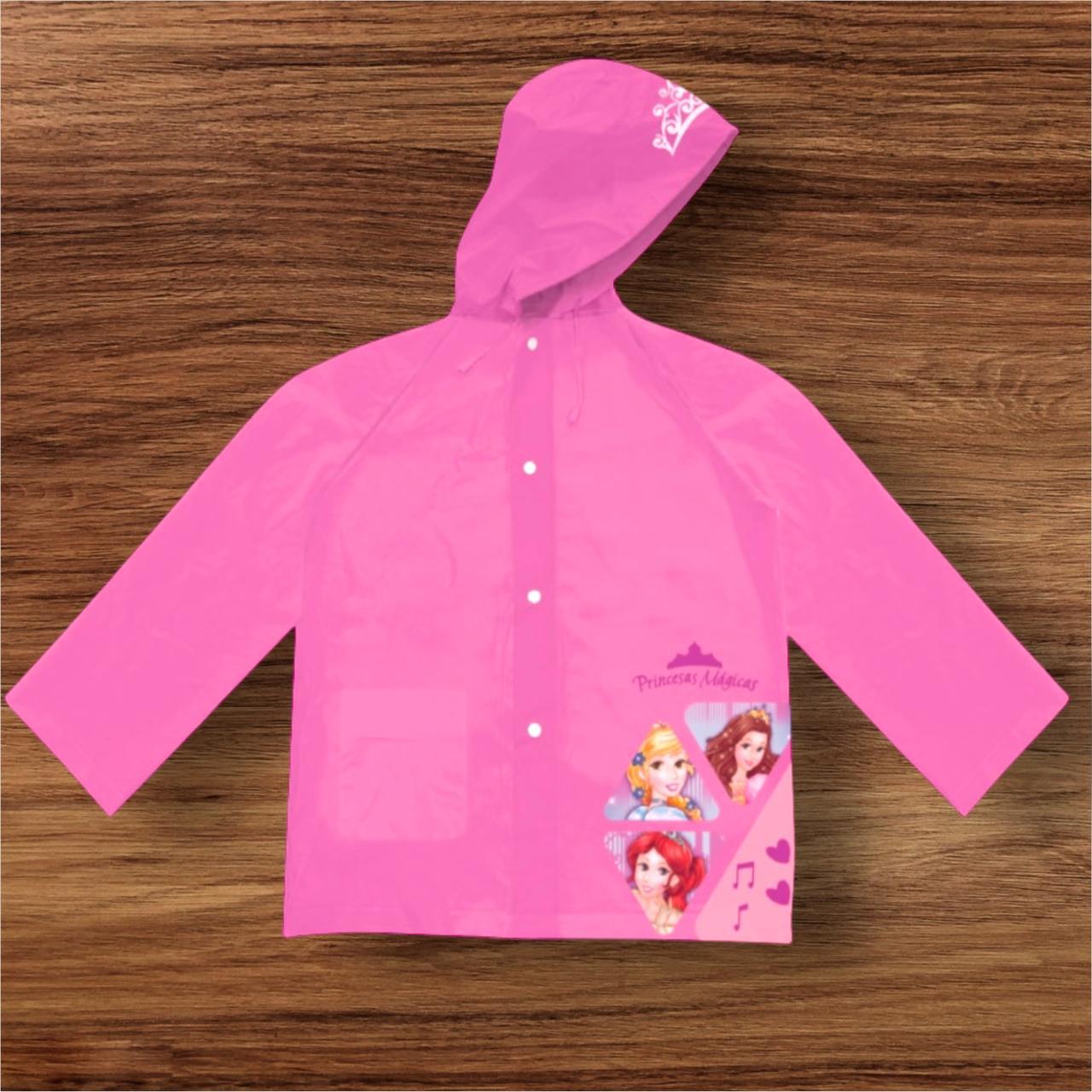 Capa de Chuva Infantil com Capuz, Rosa, Estampa de Princesas, Botões de Pressão